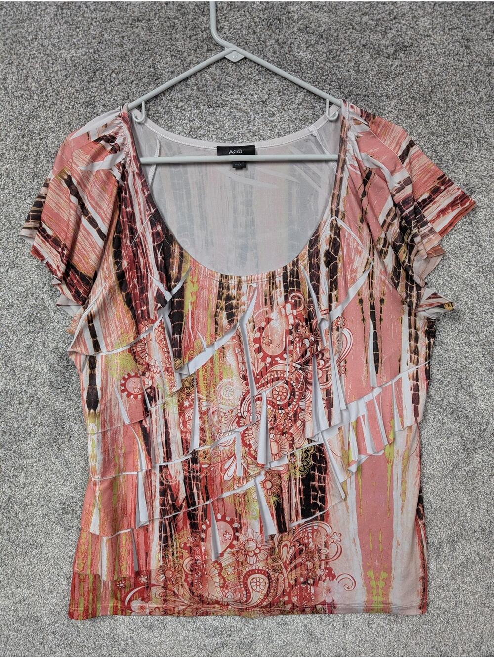 Vintage Y2K AGB Blouse XL Pink Paisley Ruffle Flutter Sleeve Office Boho Chic
